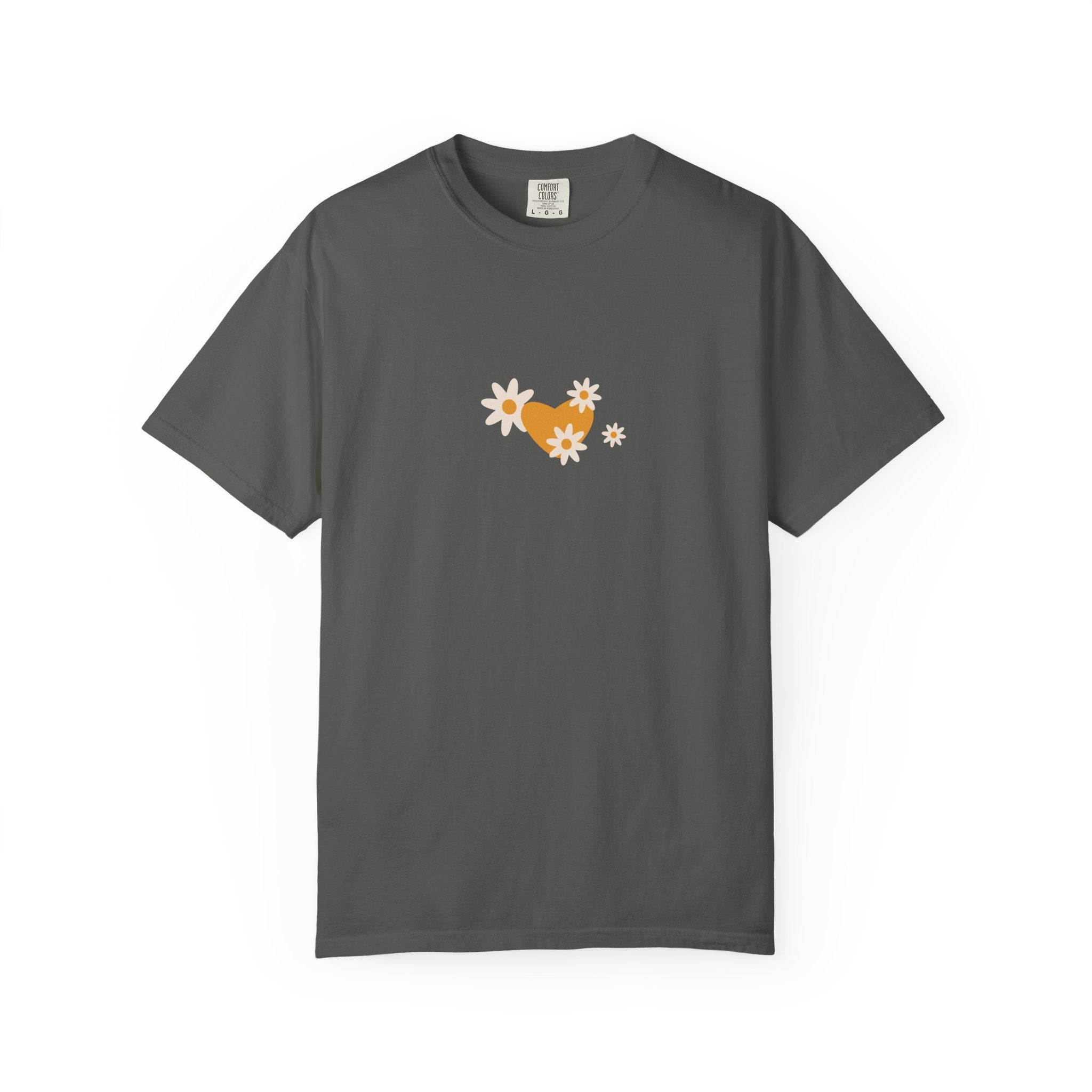 Gray t-shirt with a floral design on a white background