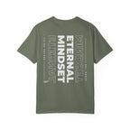 Green t-shirt with 'Eternal Mindset' text on a white background