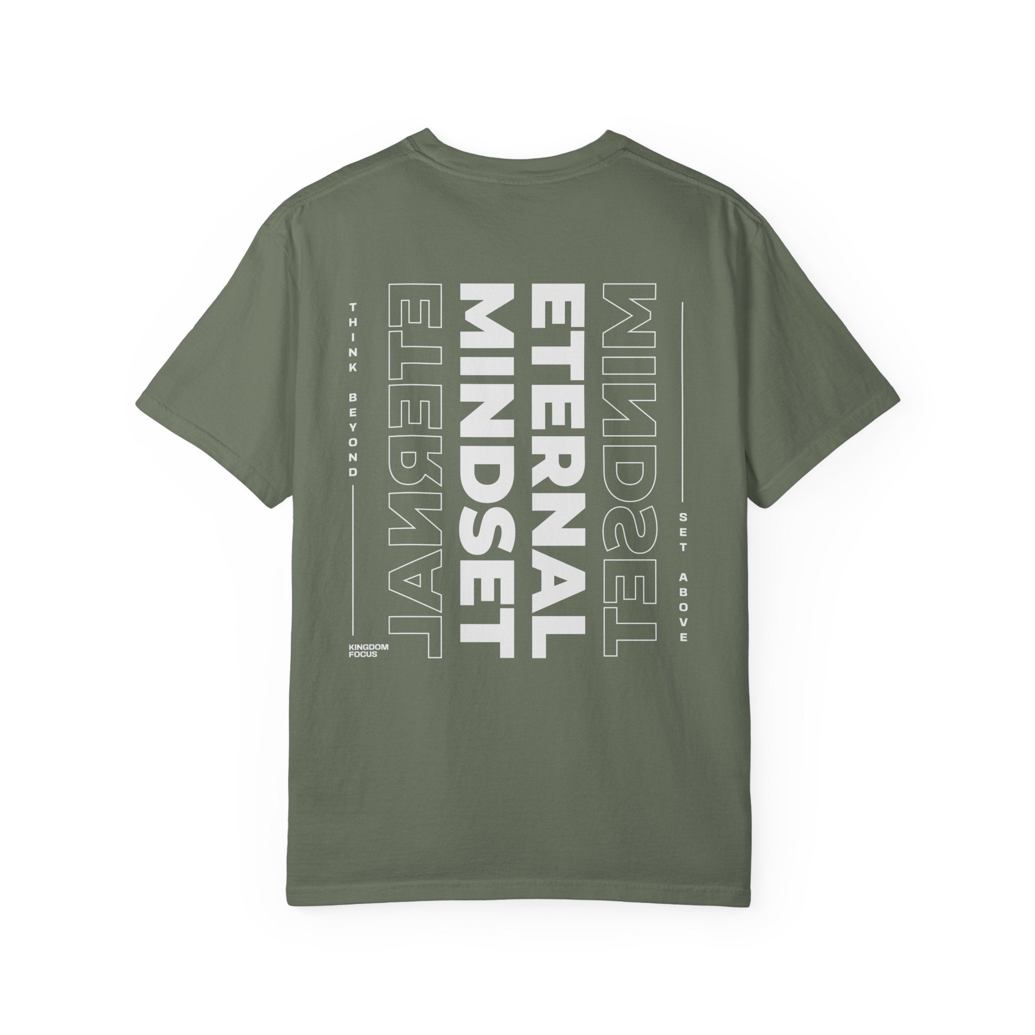 Green t-shirt with 'Eternal Mindset' text on a white background
