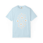 Light blue t-shirt with white daisy pattern on a white background