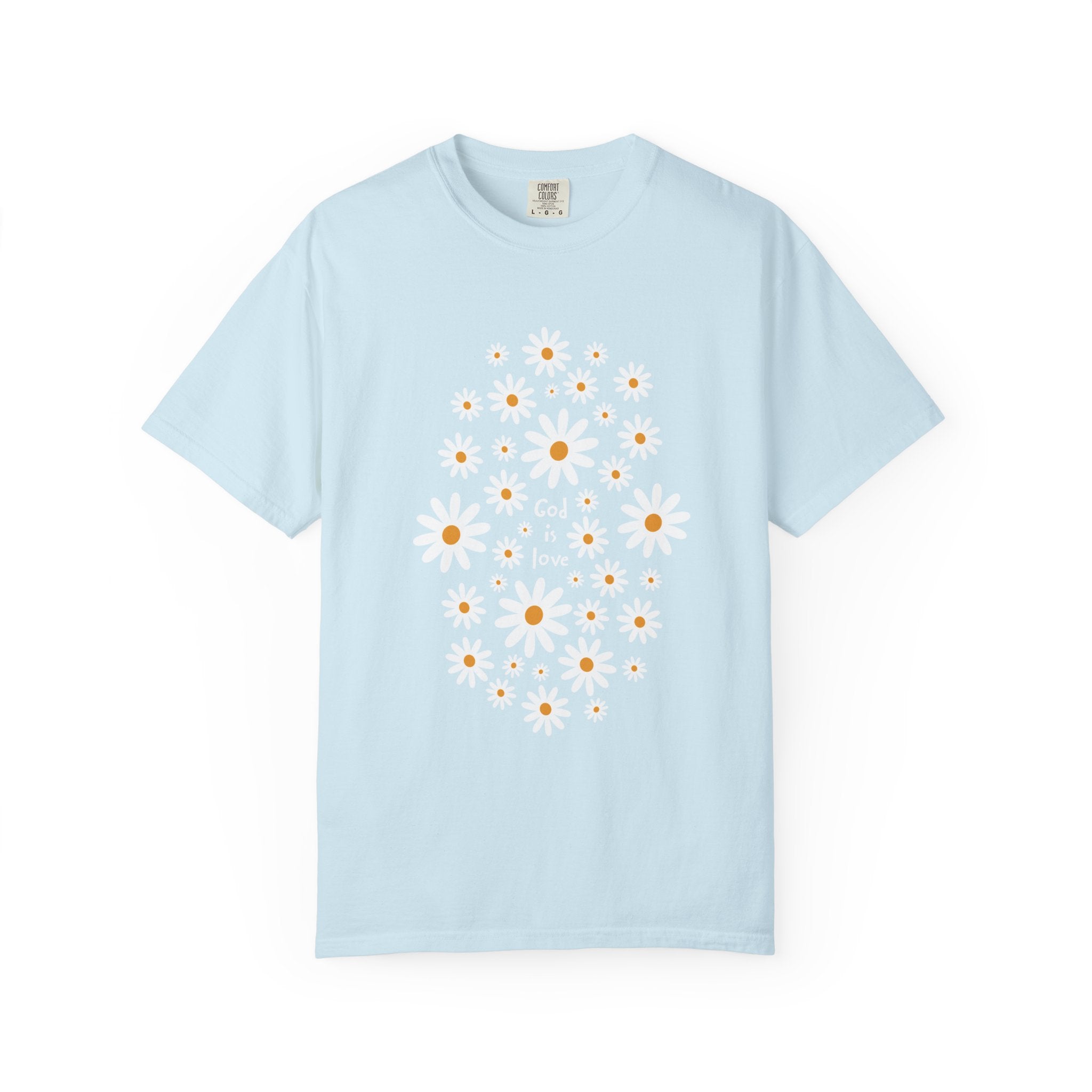 Light blue t-shirt with white daisy pattern on a white background