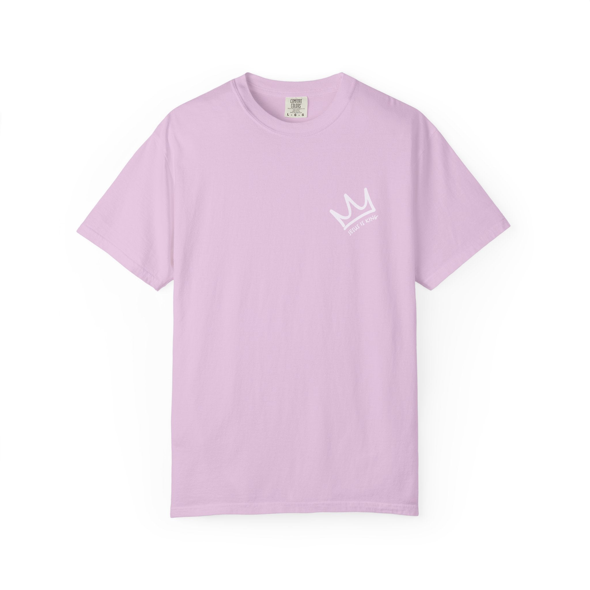 Light purple t-shirt with a logo on a white background