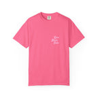 Pink t-shirt with text on a white background