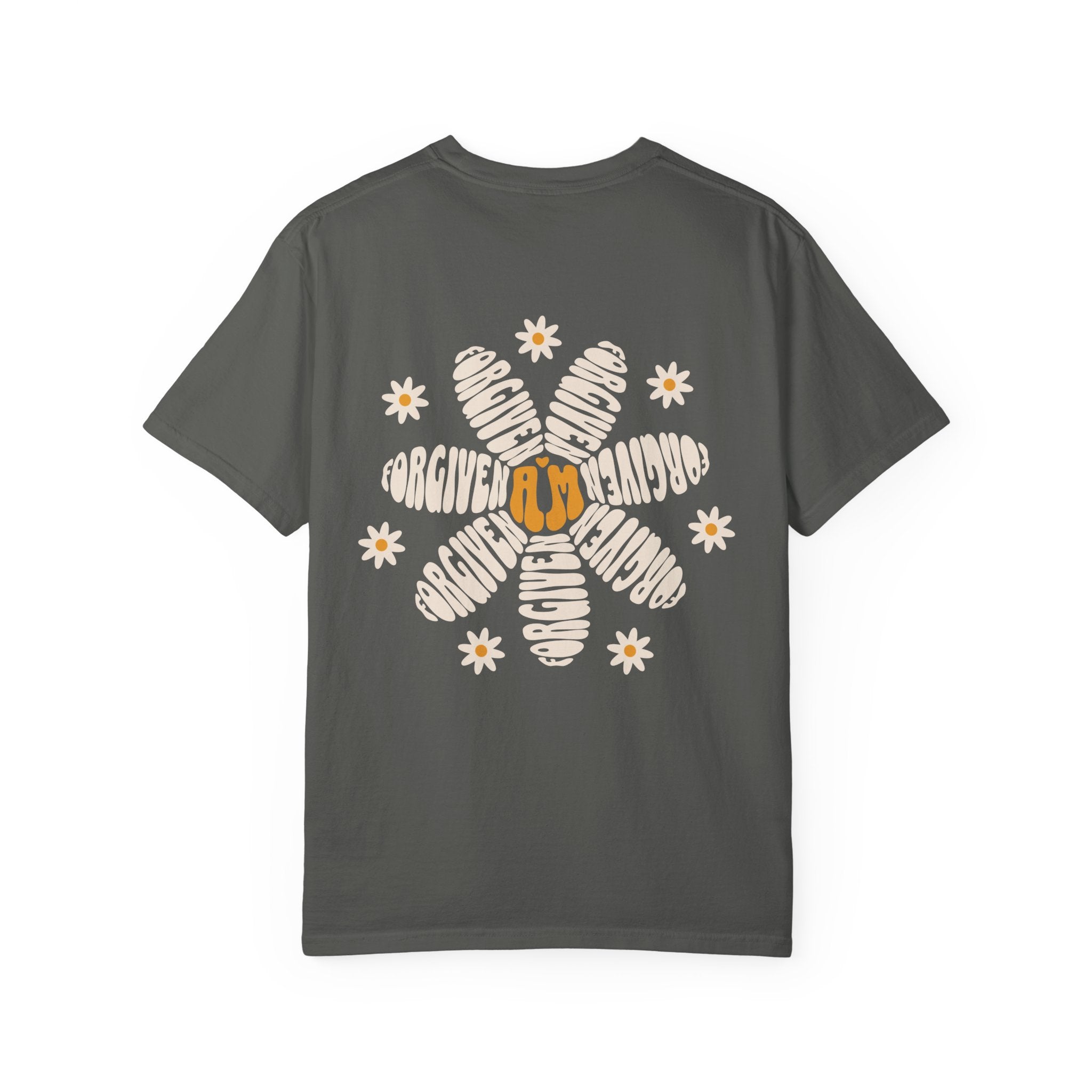 Gray t-shirt with a graphic design on the back featuring a flower and text, on a white background.