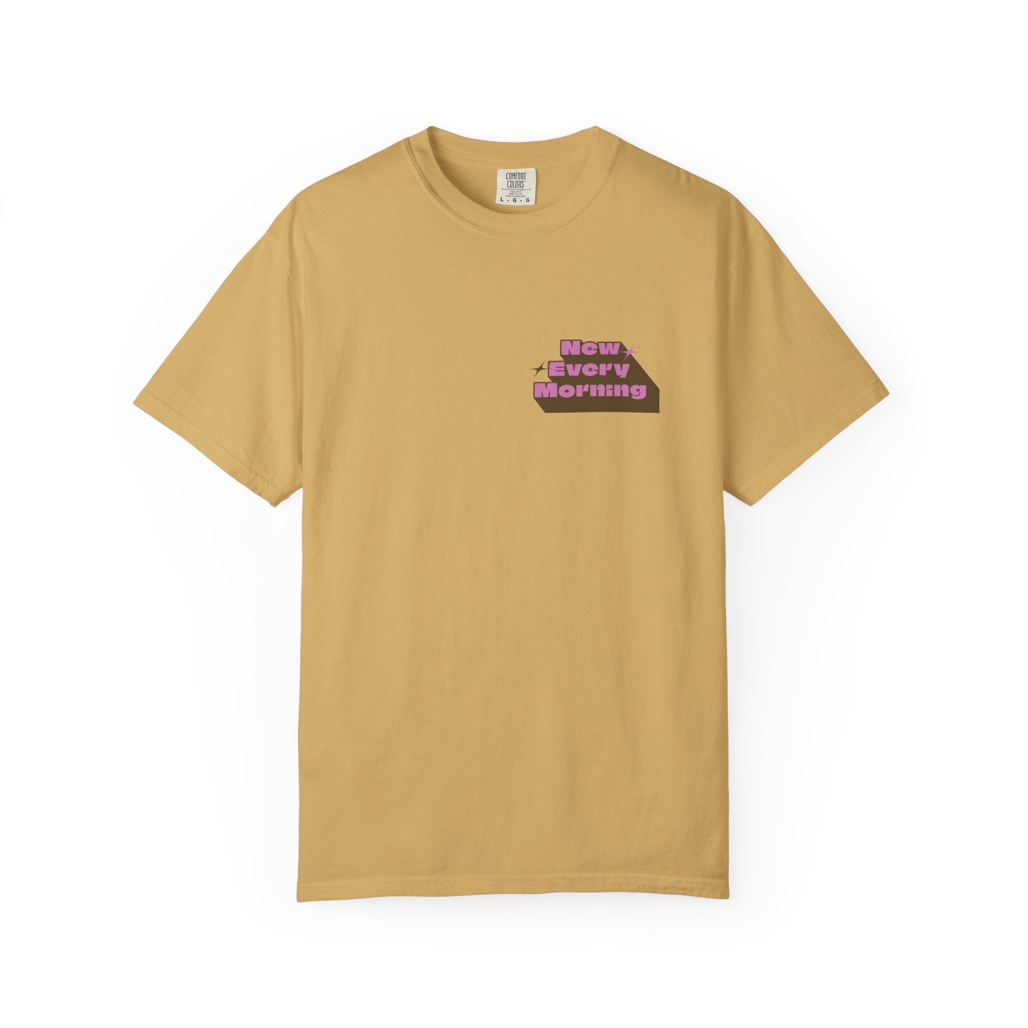 Beige t-shirt with text design on a white background