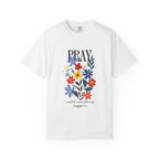 White t-shirt with floral design and text on a white background