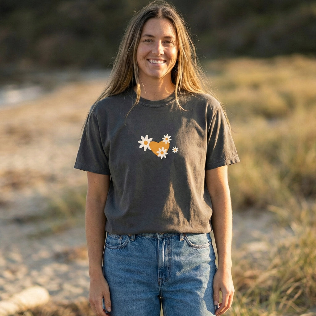 Front view minimalist Christian t-shirt with floral heart graphic