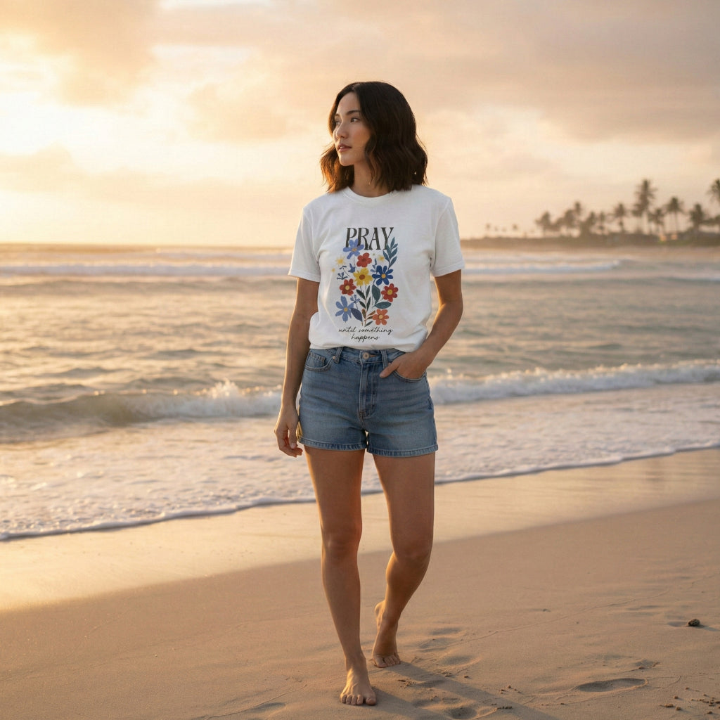 Minimalist floral faith graphic tee Pray Until Something Happens design beach photo Hawaii
