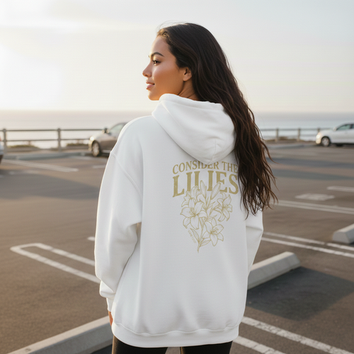 Consider the Lilies Luke 12:27 Christian hoodie back design with floral illustration