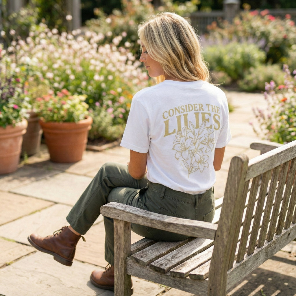 Consider The Lilies Christian tshirt with floral lily design inspired by Luke 12:27