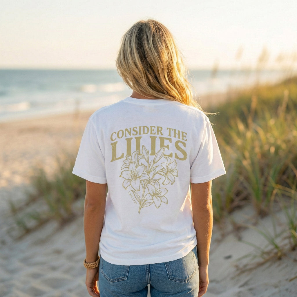 Back print of Christian tshirt featuring elegant botanical lilies artwork