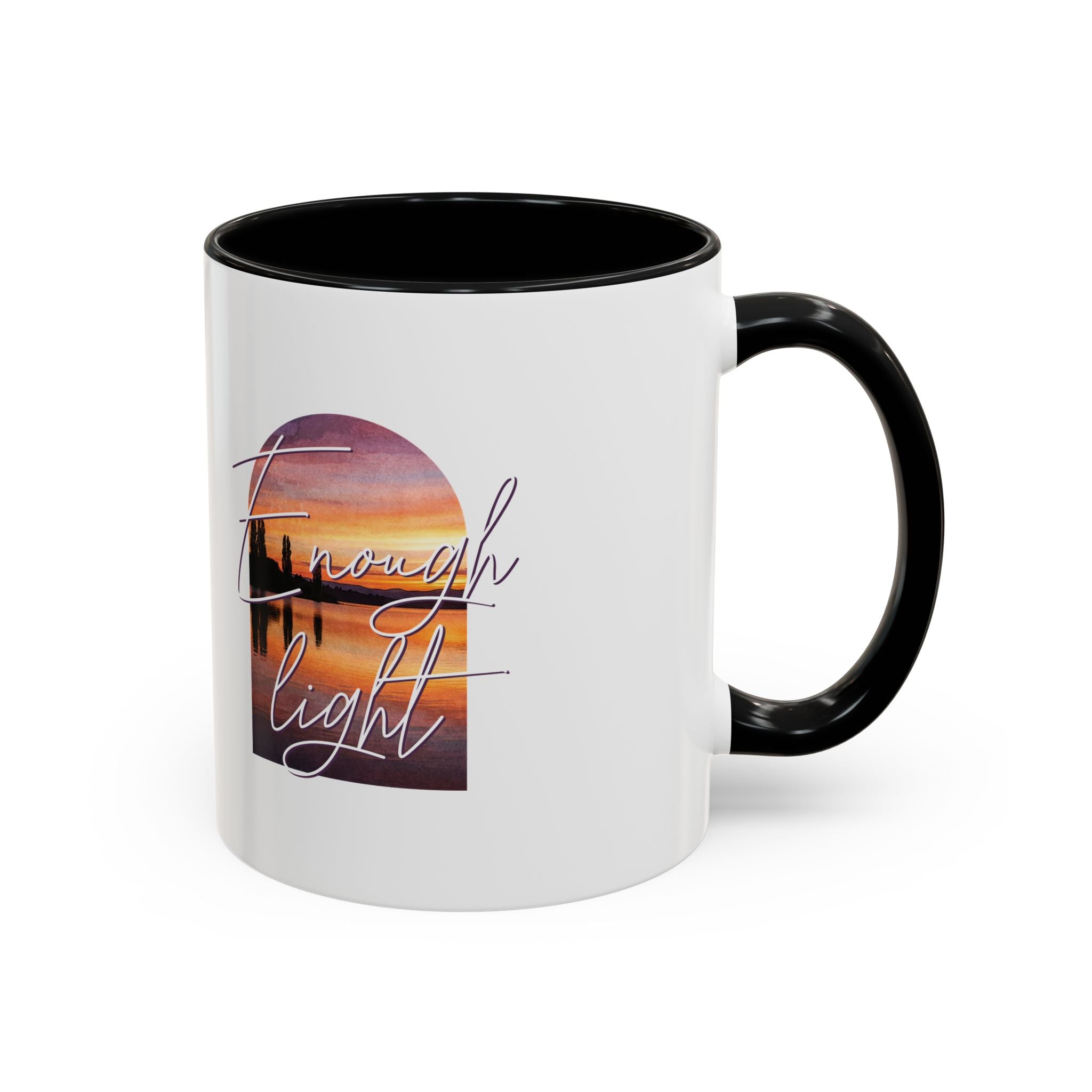 White mug with black handle featuring a sunset design and text on a white background