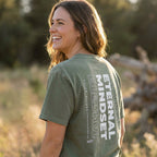 Minimalist streetwear Christian shirt Eternal Mindset design on forest green tee