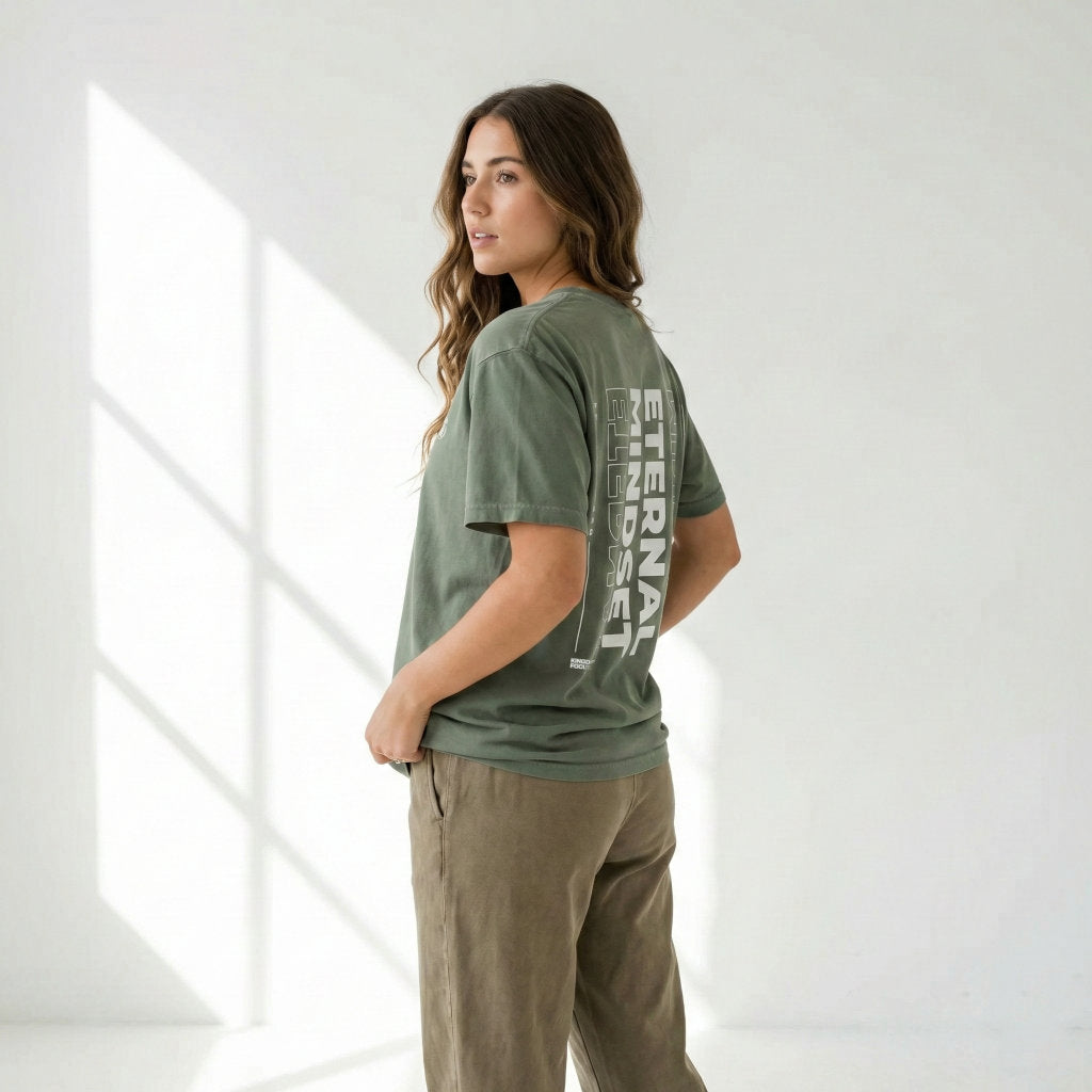 Back view of green Eternal Mindset Christian unisex t-shirt with bold vertical white typography