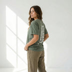 Back view of green Eternal Mindset Christian unisex t-shirt with bold vertical white typography