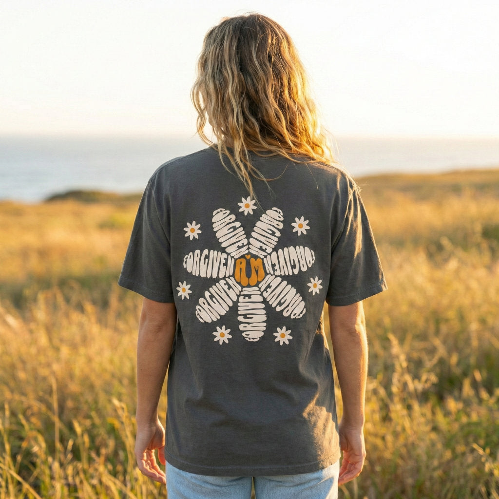 Christian streetwear shirt featuring I Am Forgiven flower typography design