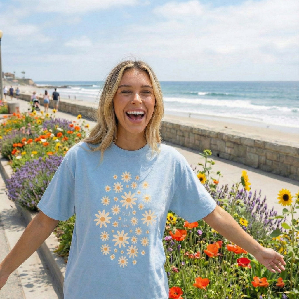 Blue unisex Christian shirt with daisy cluster and God Is Love text