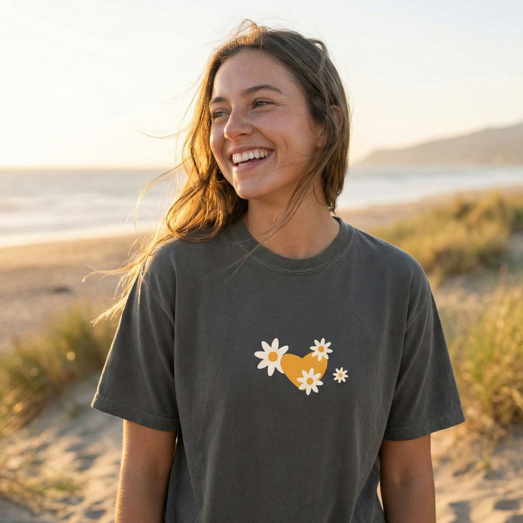 Back view of I Am Forgiven faith-based unisex shirt with daisy typography design