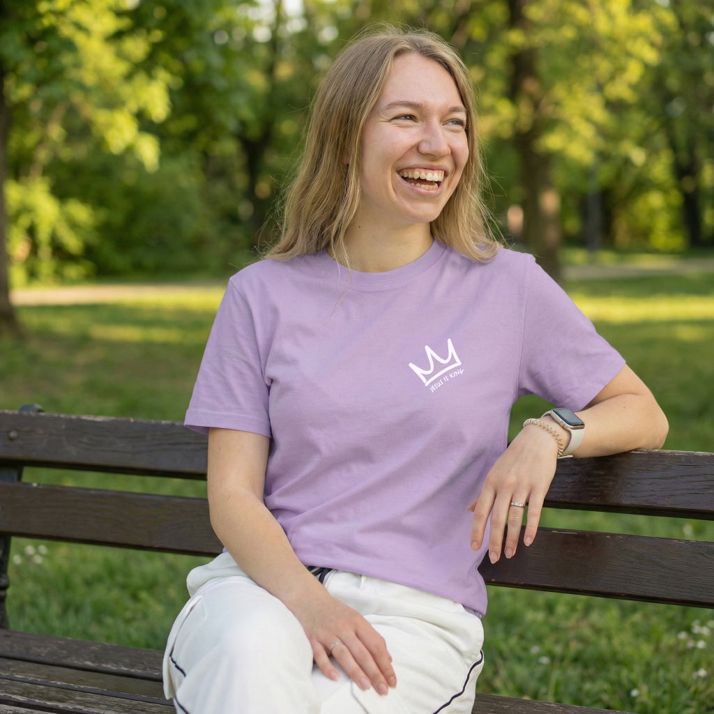 Jesus Is King faith based streetwear shirt purple back graphic close view