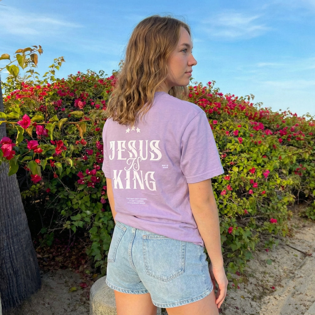 Jesus Is King unisex Christian t-shirt back print lavender shirt with crown graphic