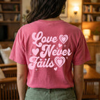 Love Never Fails Christian t-shirt pink typography front view
