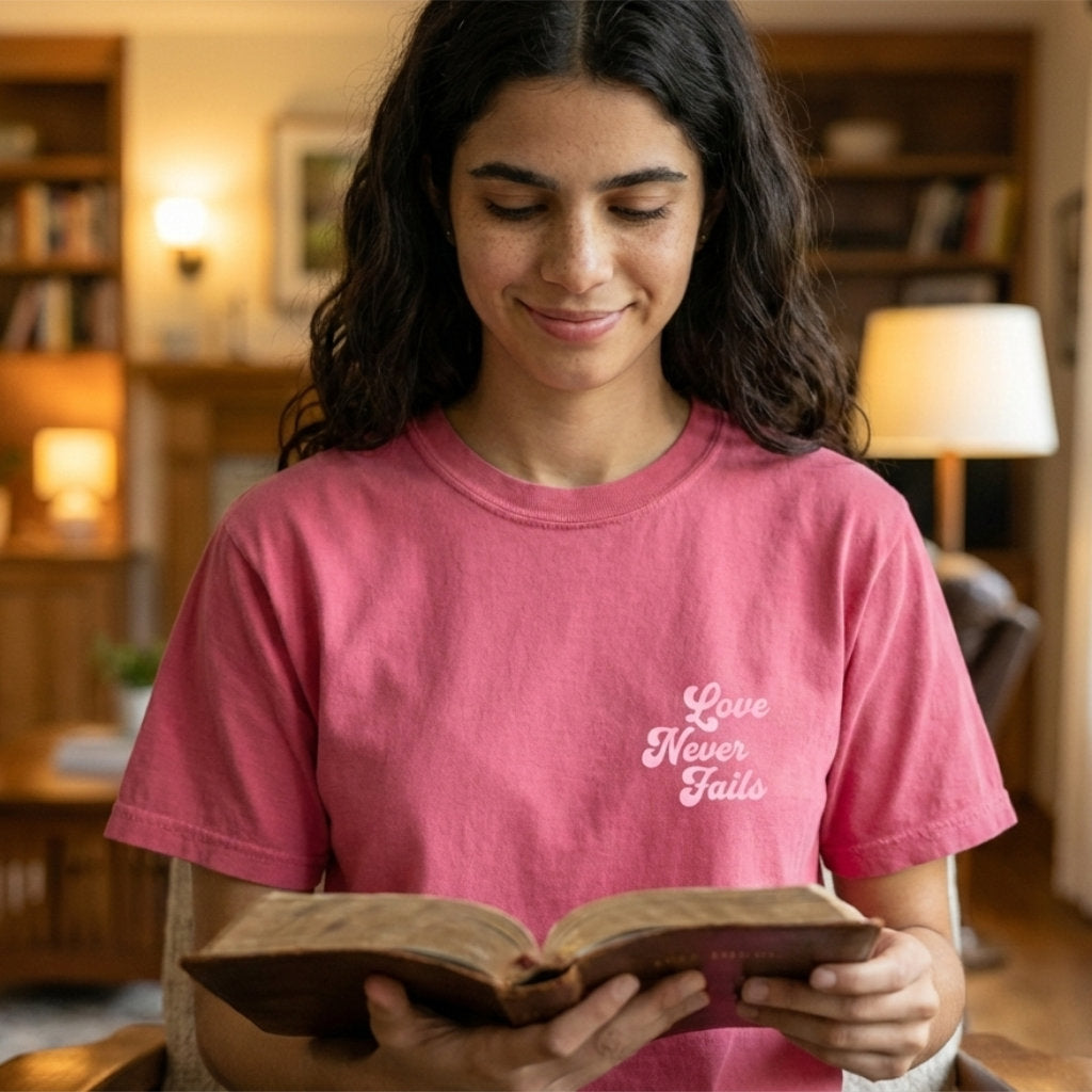 Christian graphic tee Love Never Fails scripture inspired apparel