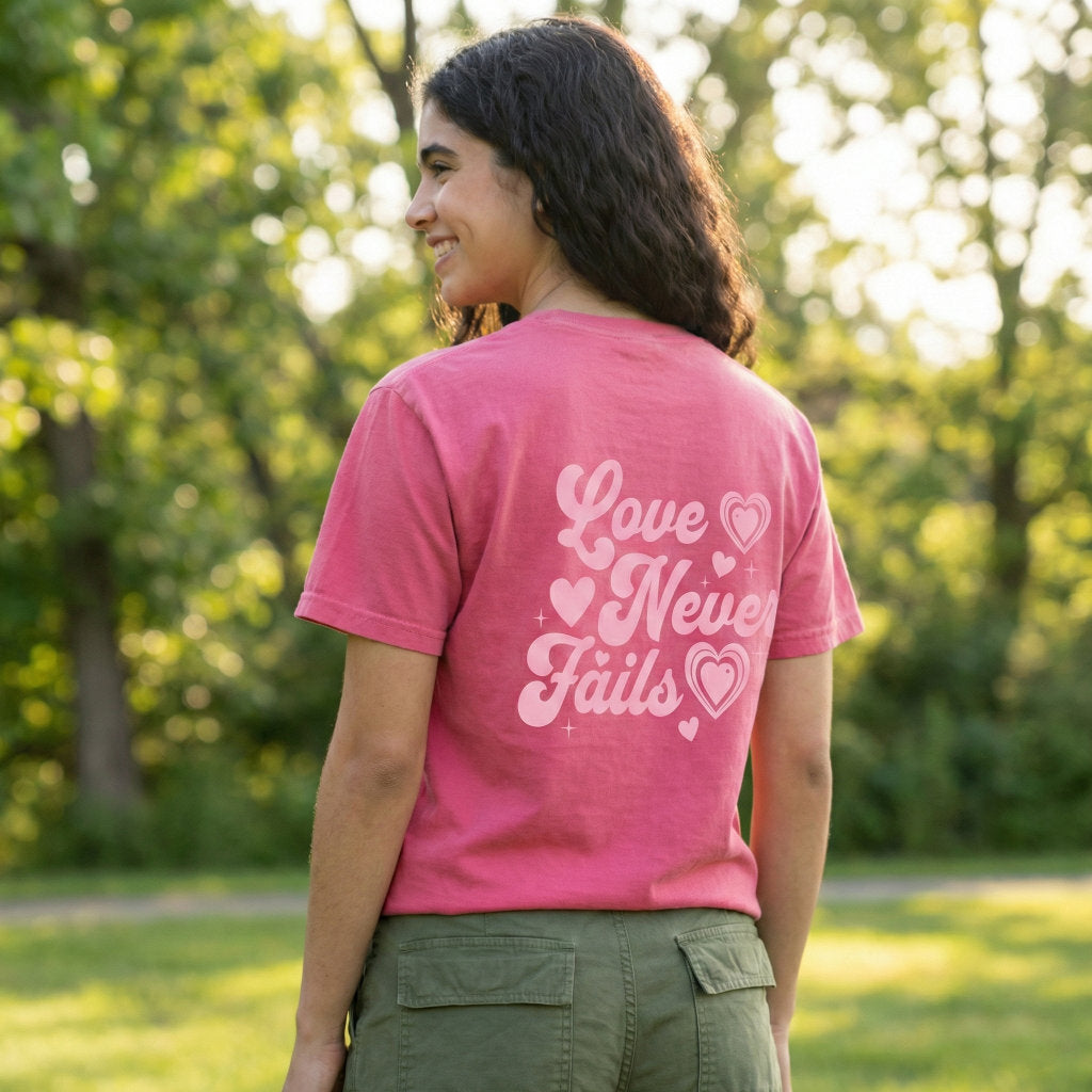 Modern faith based pink Love Never Fails t-shirt lifestyle mockup