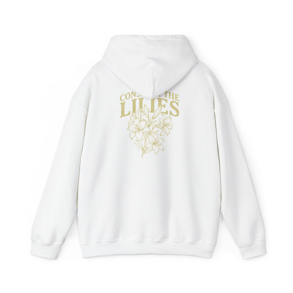 White hoodie with gold text and floral design on the back against a white background