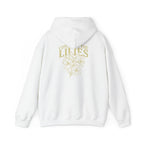 White hoodie with gold text and floral design on the back against a white background