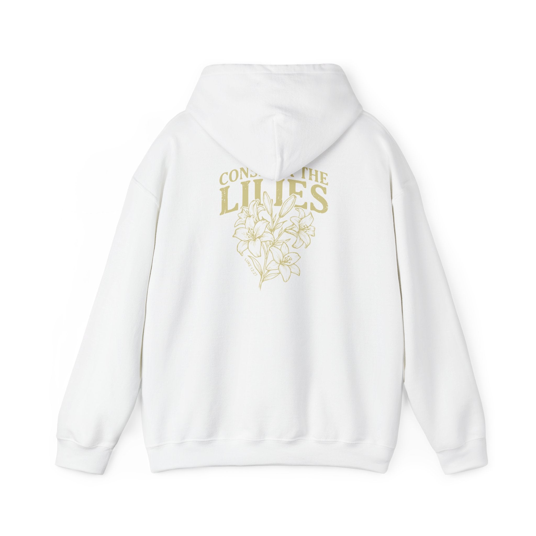 White hoodie with gold text and floral design on the back against a white background