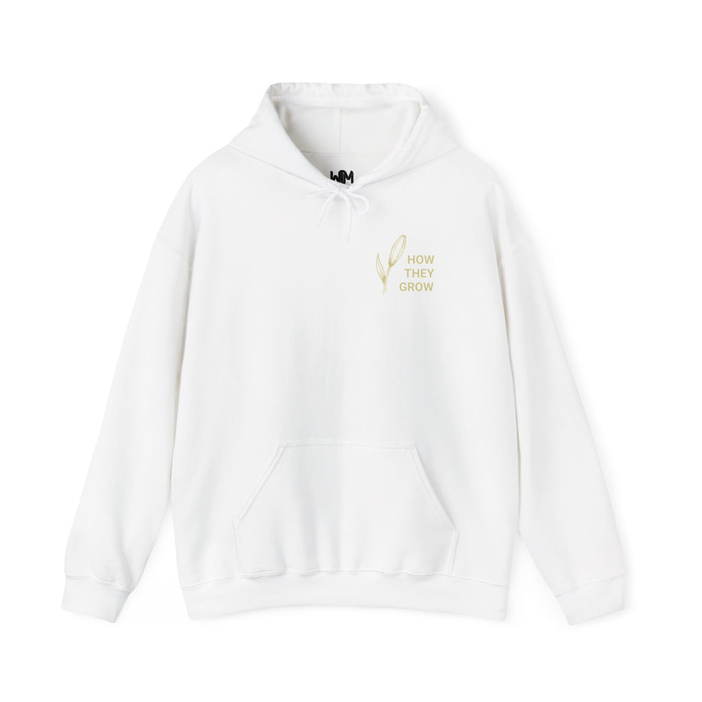 White hoodie with gold text on a white background