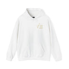 White hoodie with gold text on a white background