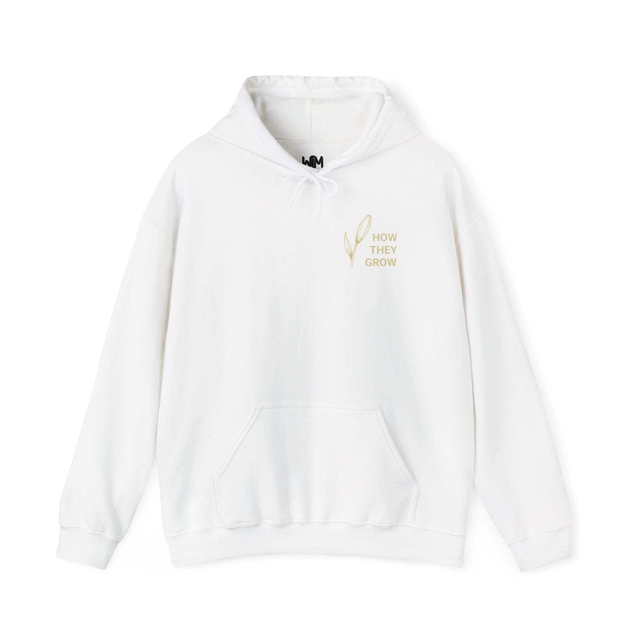 White hoodie with gold text on a white background