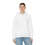 Person wearing a white hoodie with text on a white background