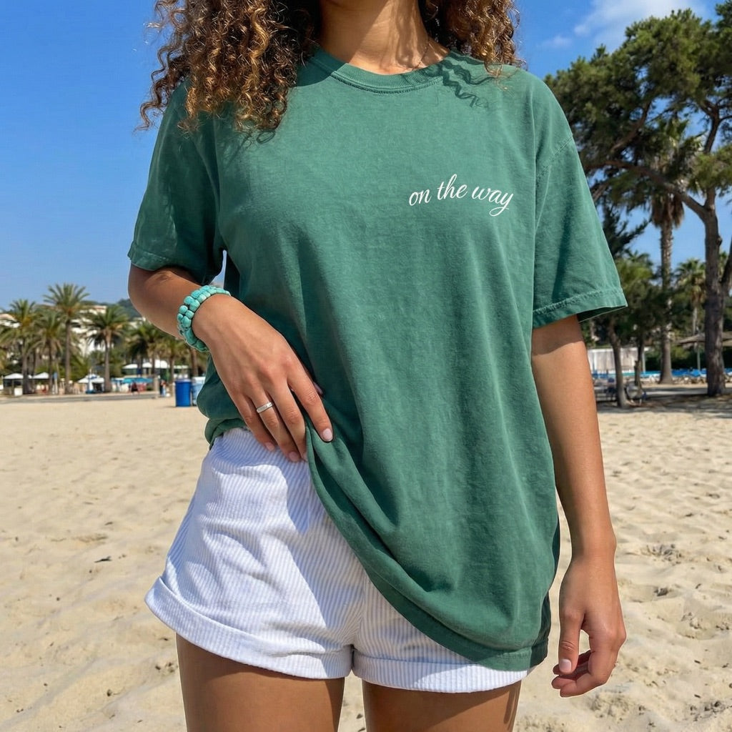Minimalist Christian apparel On The Way unisex tee in slate green color for casual beach outings.