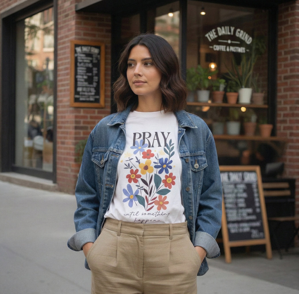 Woman wearing Pray Until Something Happens Christian floral t-shirt front view white