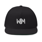 Black cap with a white logo on a white background