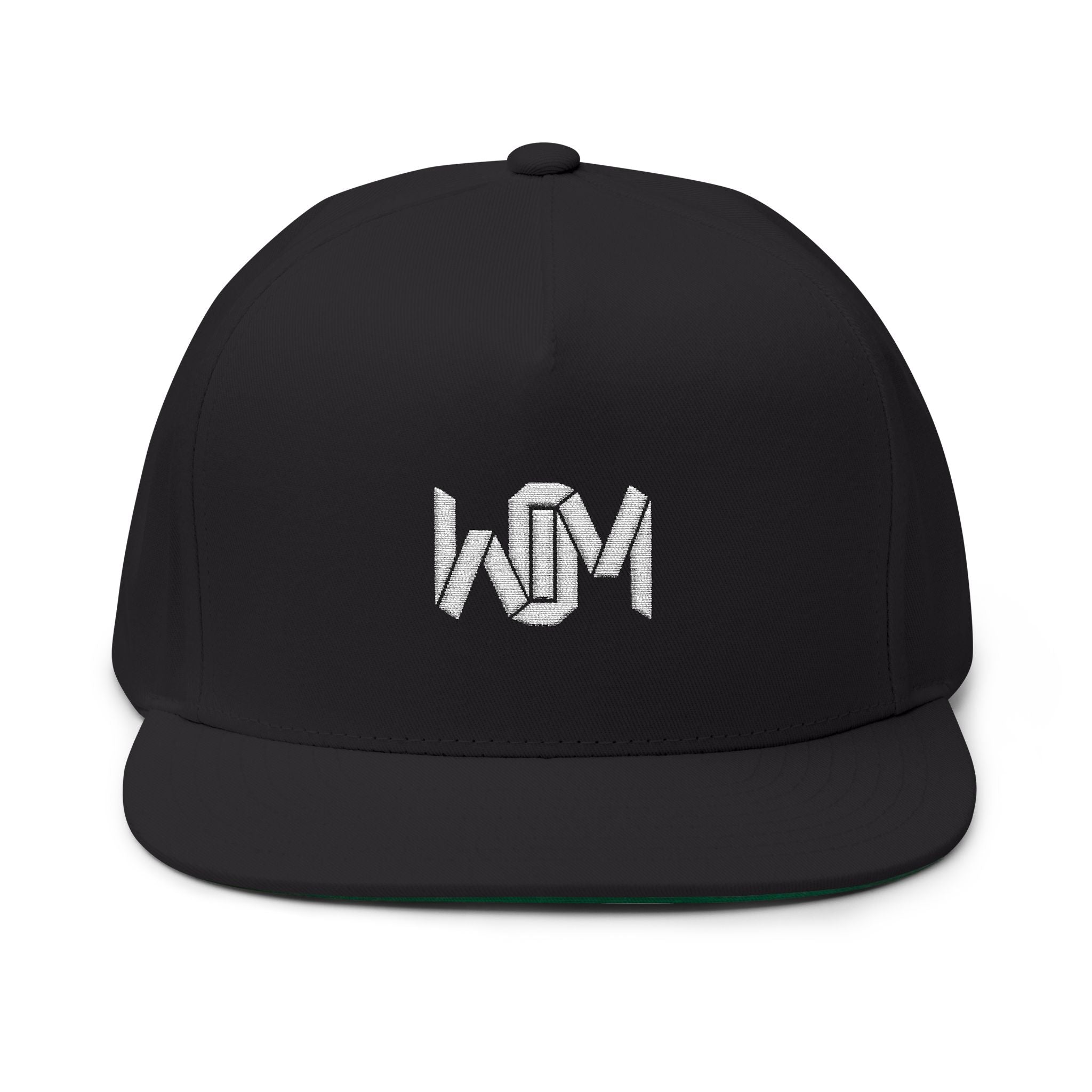 Black cap with a white logo on a white background