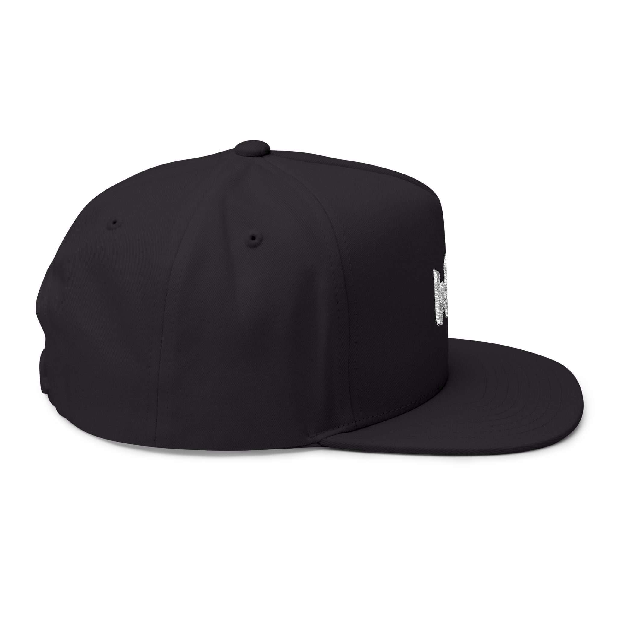 Black cap with a small logo on a white background