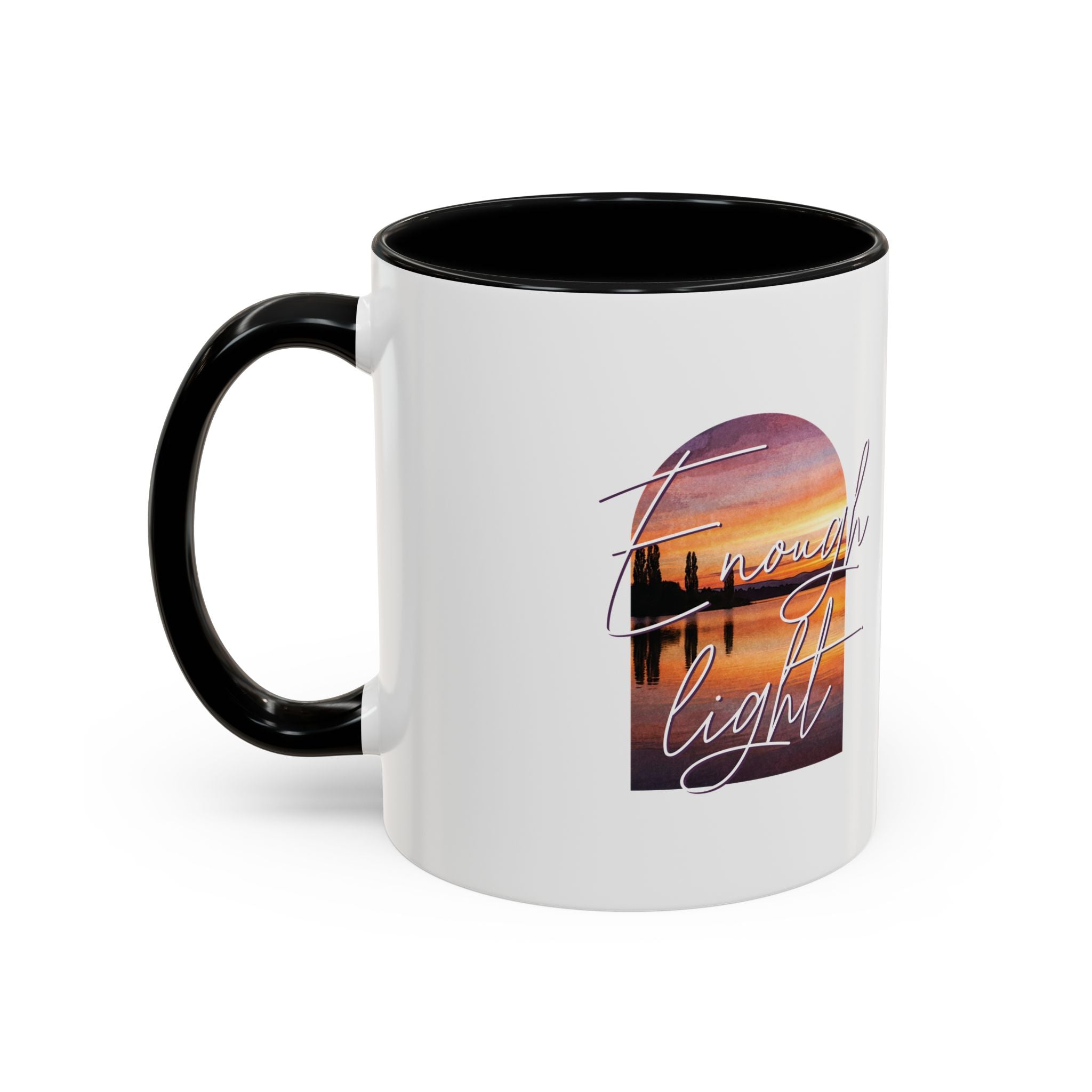 White mug with black handle featuring a sunset design and text on a white background