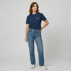 Close up of script font reading Enough Light For Today over a reflected sunset landscape on a navy tee.
